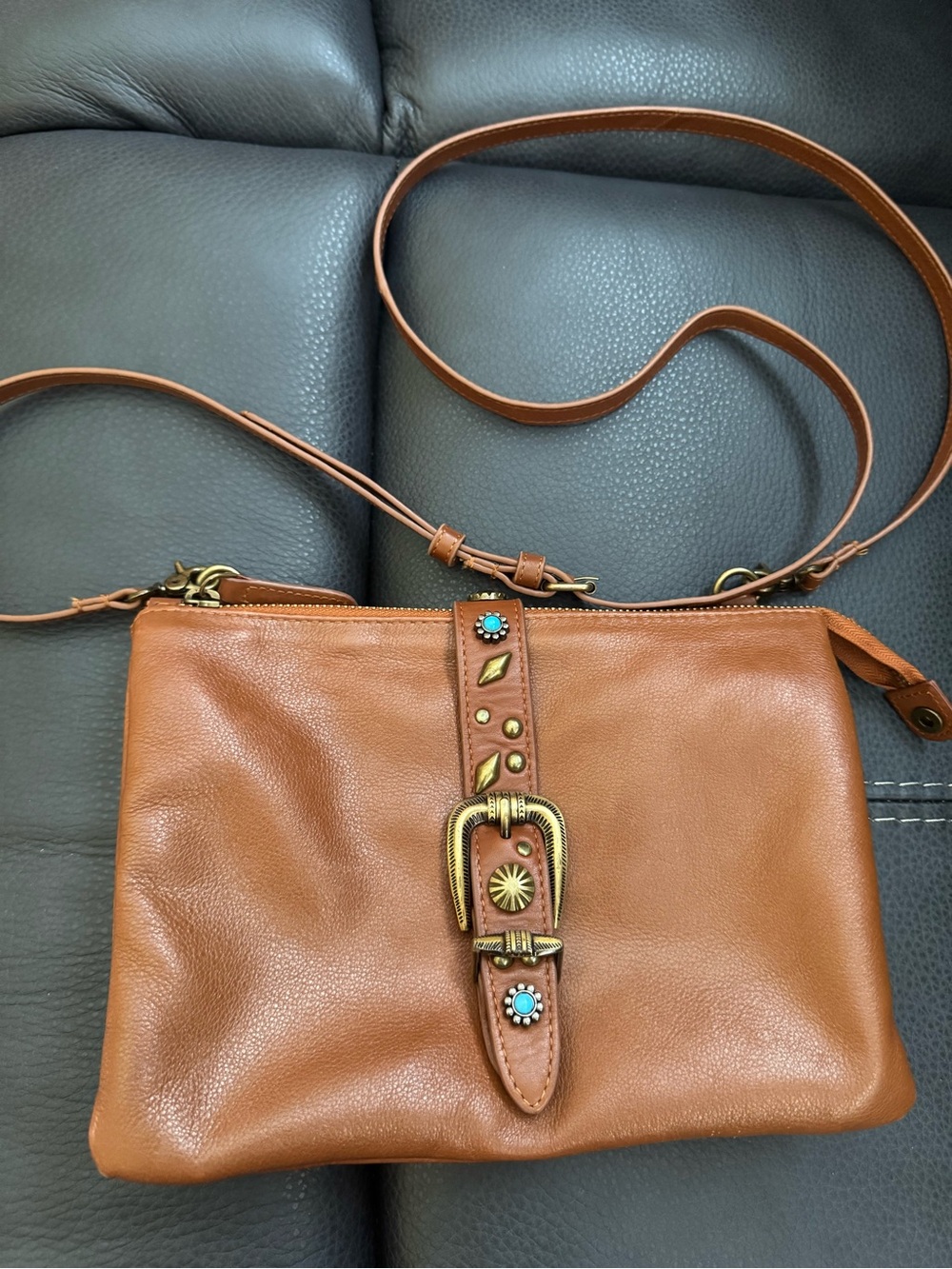 Oak and Tan Leather Crossbody Bag with Decorative Buckle